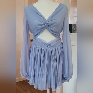 Worn Once - FASHION NOVA - Powder Blue Silky Pleated Romper Dress, Size Small 